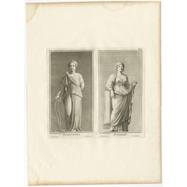 Antique Print of Temperance and Fortitude by Pazzi (1762)