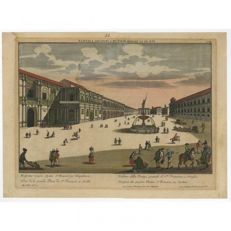 Antique Print of the square in Seville by Probst (c.1770)