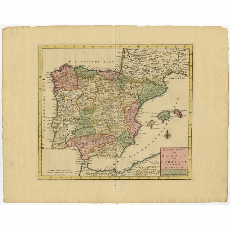 Antique Map of Spain and Portugal by Tirion (c.1740)