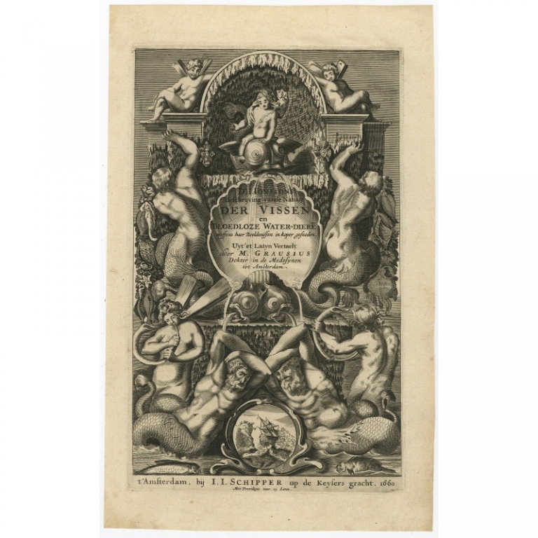 Antique Frontispiece of Fishes and Putti by Merian (1660)