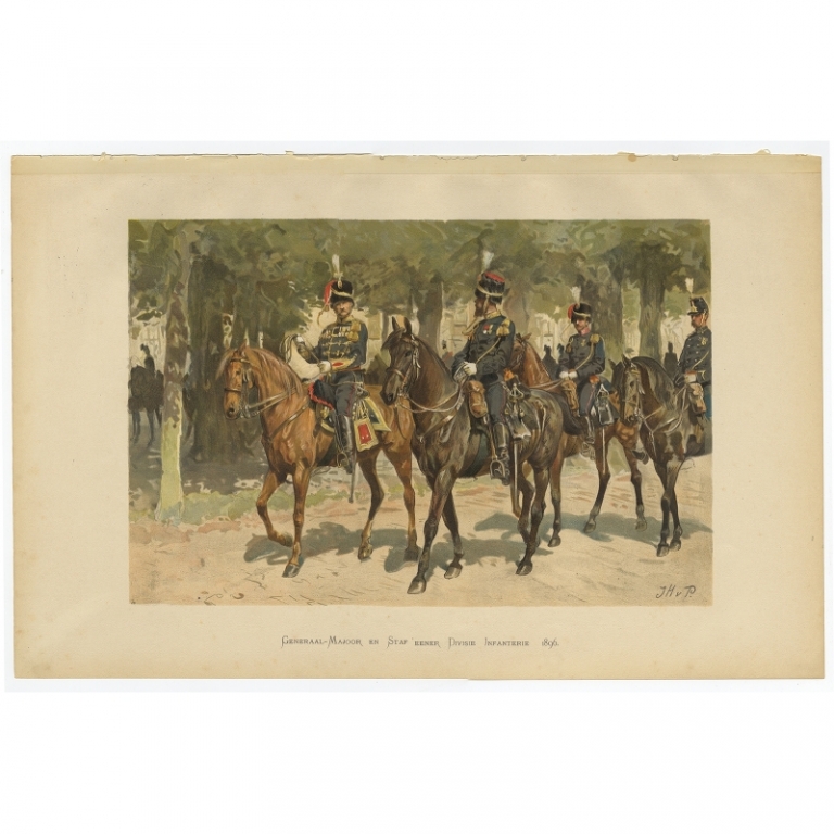 Antique Print of a General Major and Staff of an Infantry division by Van de Weyer (1900)