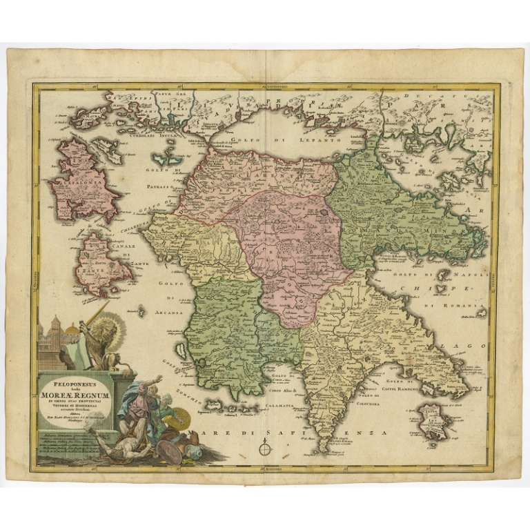 Antique Map of Southern Greece by Homann Heirs (c.1735)