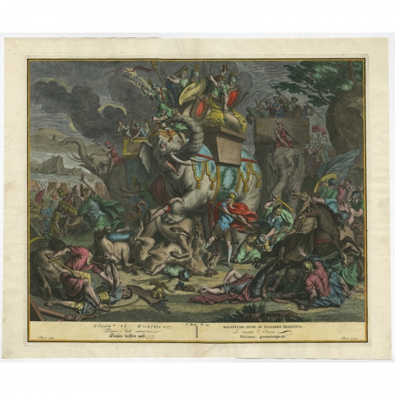 Antique Print of Eleazer killing a War Elephant (1728)