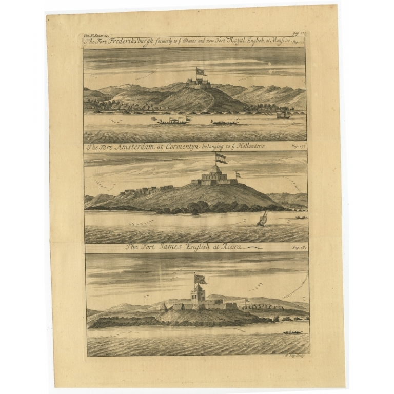 Antique Print of Forts on the West African Gold Coast by Kip (1744)