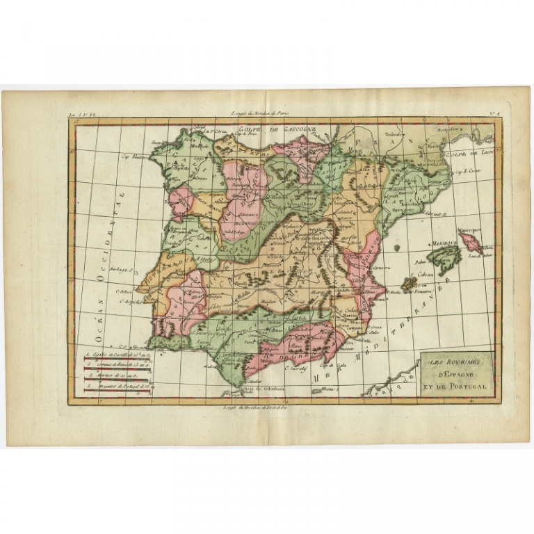Antique Map of Spain and Portugal by Bonne (1780)