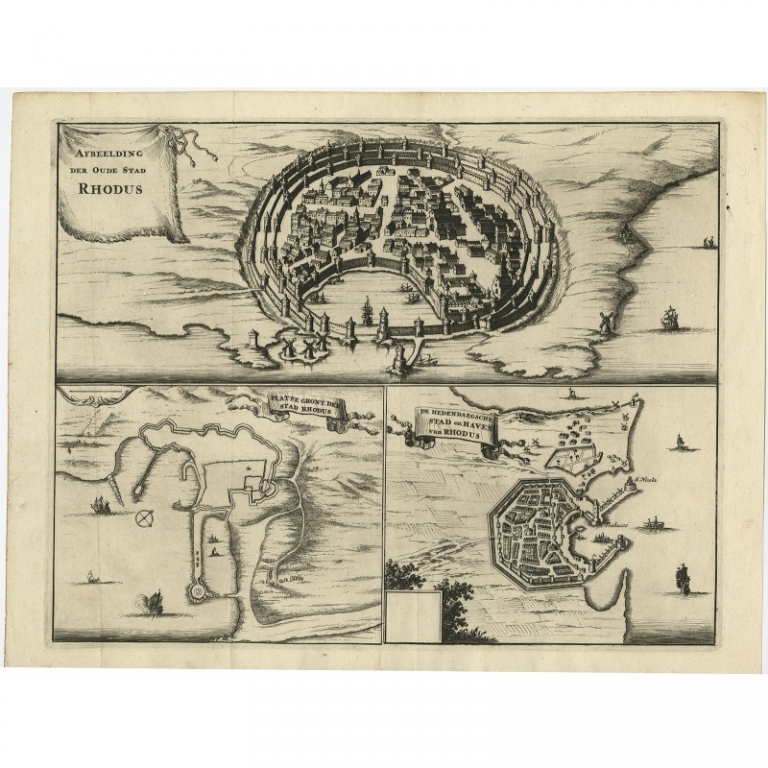 Antique Map of Greece with Plans of Rhodes by Dapper (c.1677)