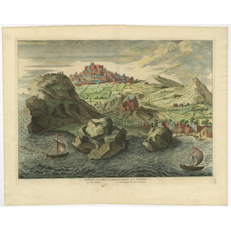 Antique Print of the City and Harbour of Pathmos by Calmet (1725)