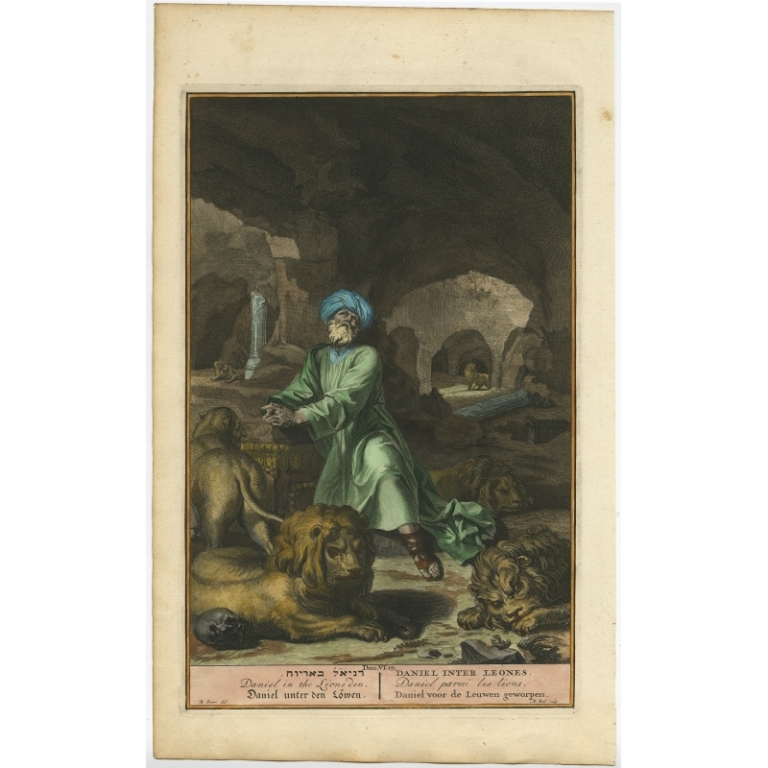 Antique Print of Daniel in the Lions Den by Pool (1728)