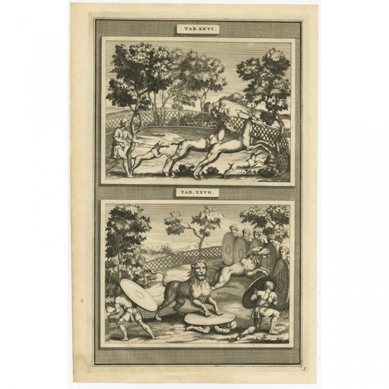 Antique Print of Deer and Lions in Ancient Rome (1704)