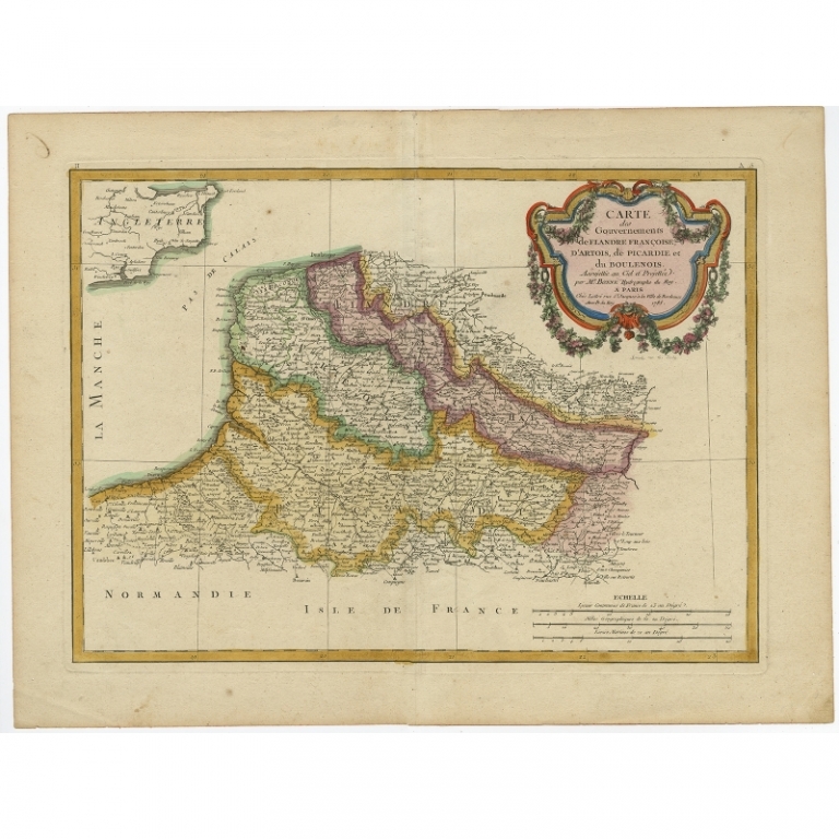 Antique Map of Picardy, Aroits and French Flanders by Bonne (c.1780)