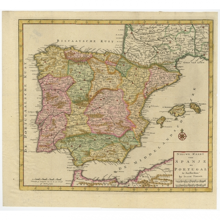 Antique Map of Spain and Portugal by Tirion (c.1760)