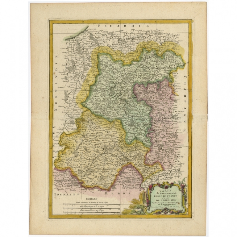 Antique Map of the region of Isle de France and Orleans by Bonne (c.1780)