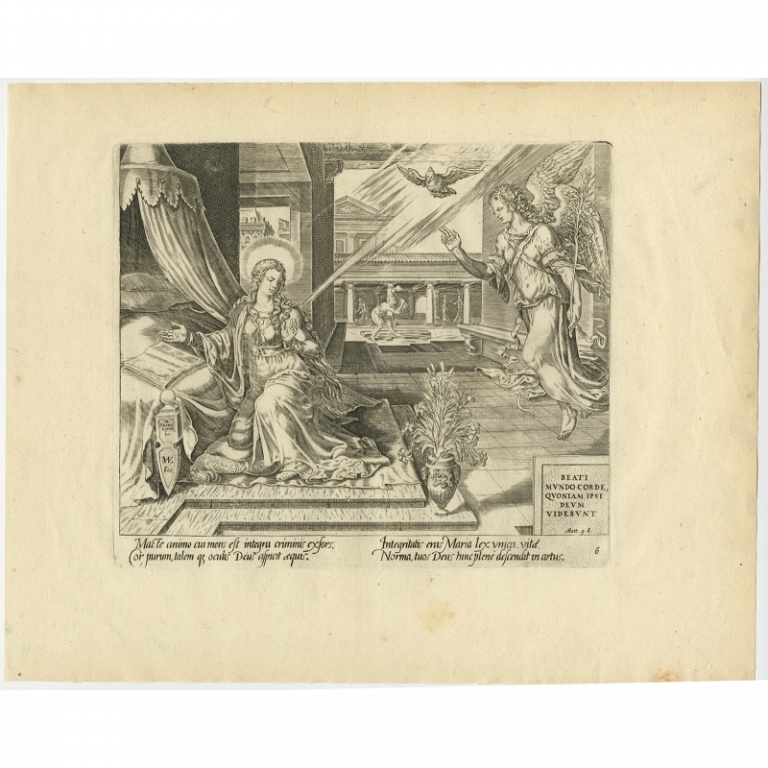 Antique Print of Mary visited by an Angel (1674)