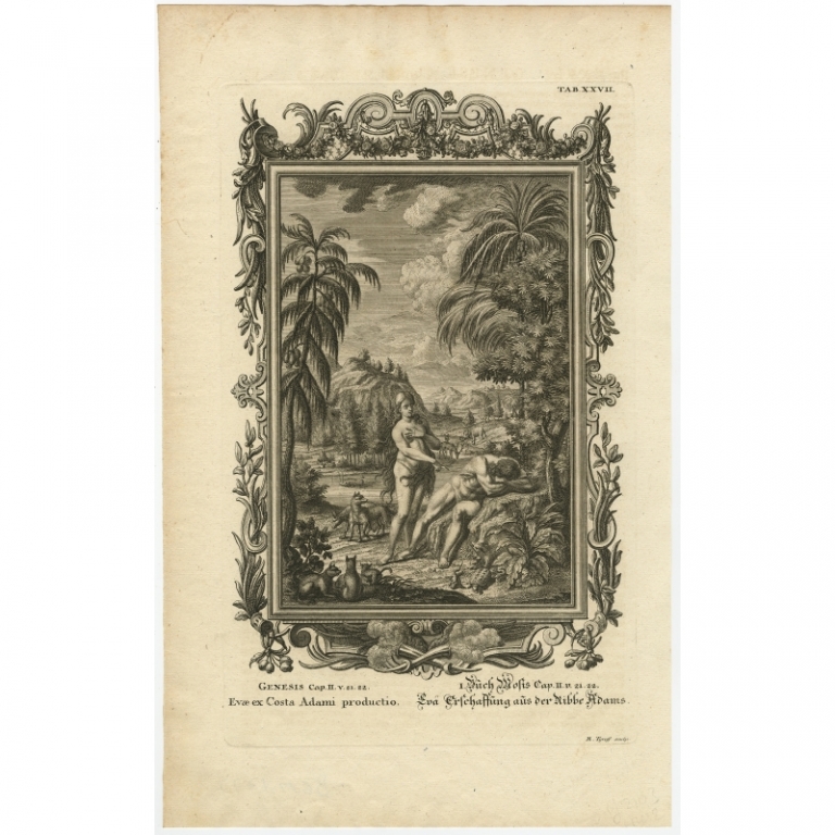 Antique Religion Print of Eve made from Adam's Rib by Scheuchzer (1731)