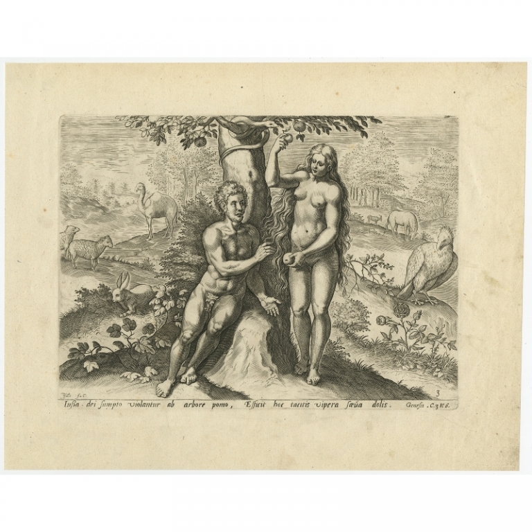 Antique Print of Adam and Eve eating the Apple (1674)