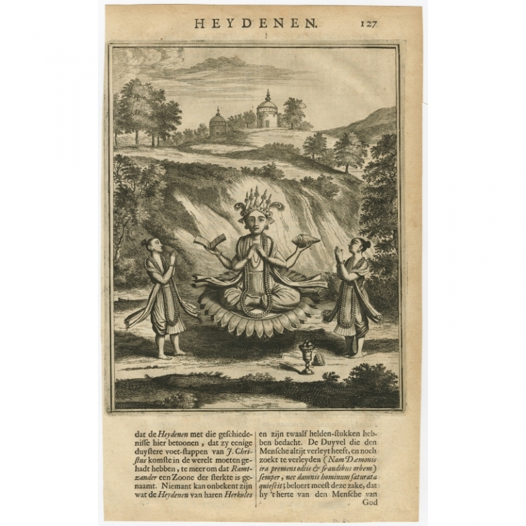 Antique Print of Vishnu incarnated as the Gautama Buddha by Baldaeus (1672)