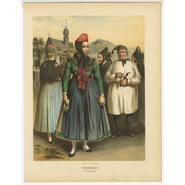 Antique Costume Print 'Churhessen um Marburg' by Kretschmer (1870)