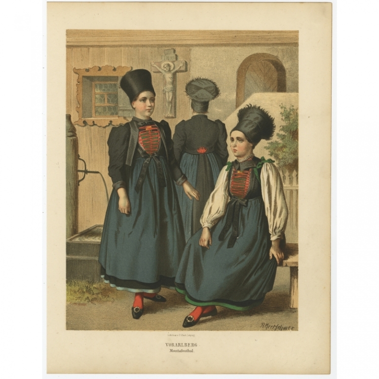 Antique Costume Print 'Vorarlberg. Montafonthal' by Kretschmer (1870)