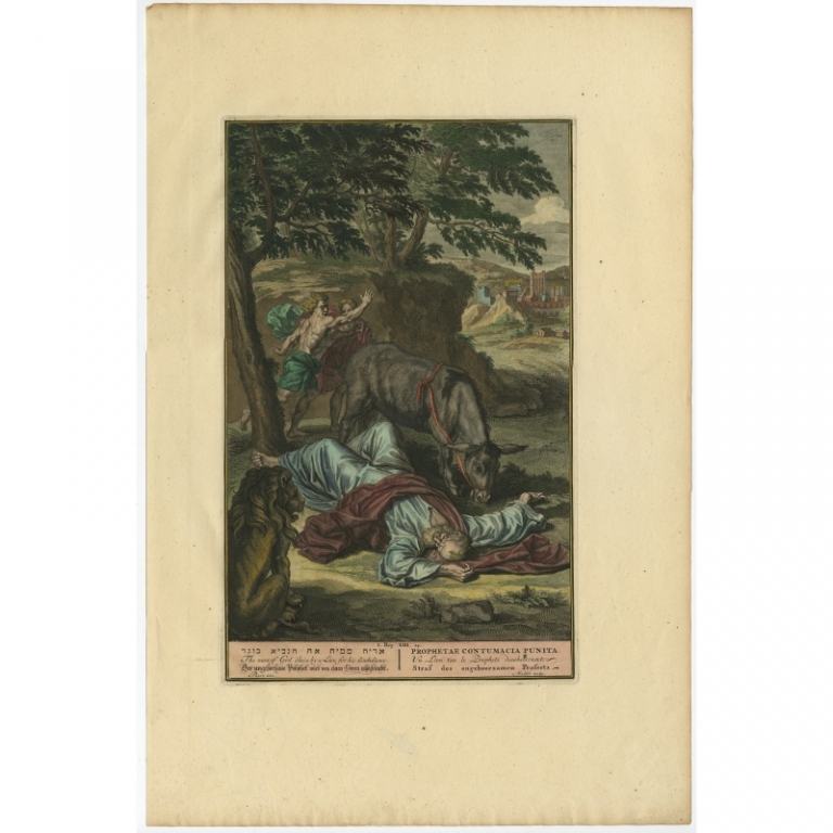 Antique Print of the Prophet killed by a Lion by Mulder (1728)