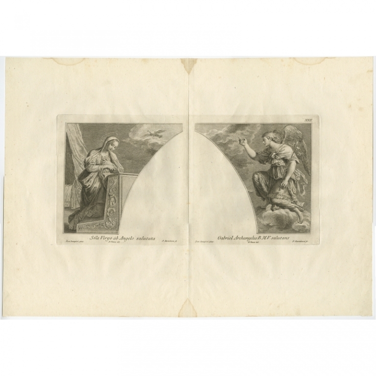 Antique Print of the Holy Virgin and Archangel Gabriel by Bartolozzi (1762)