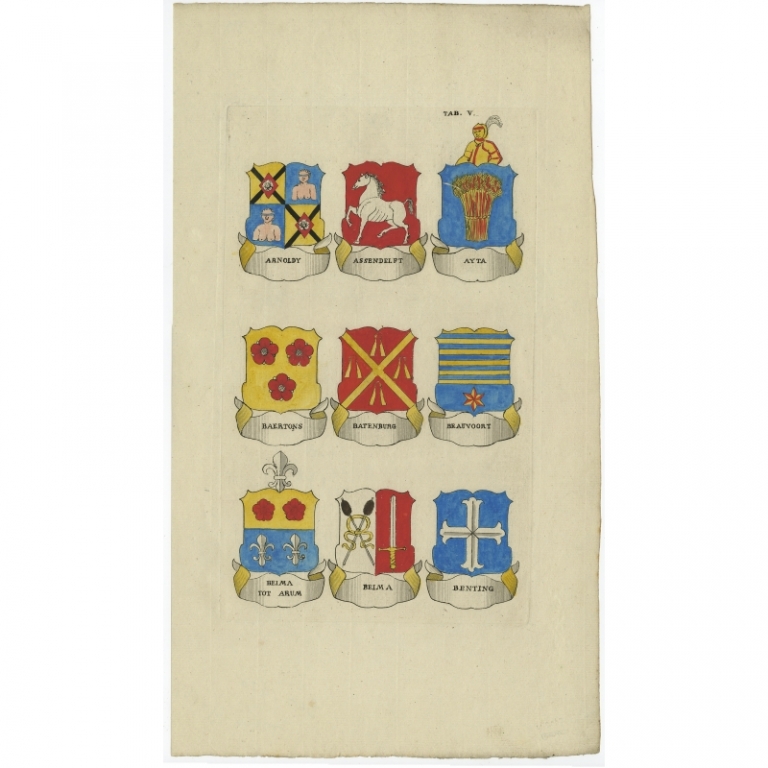 Pl. 5 Antique Print of Coats of Arms of Dutch Families by Ferwerda (1785)