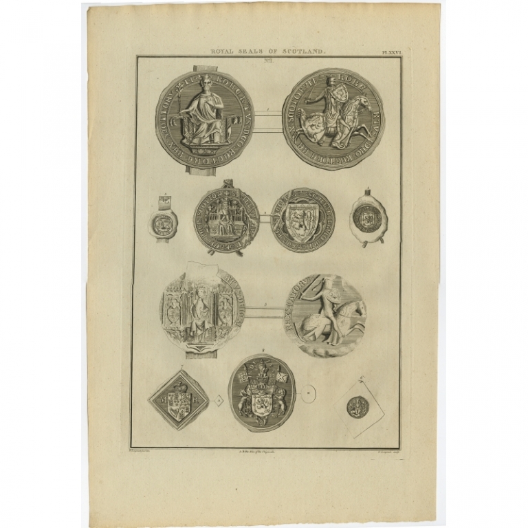Antique Print of Royal Seals of Scotland by Astle (1792)