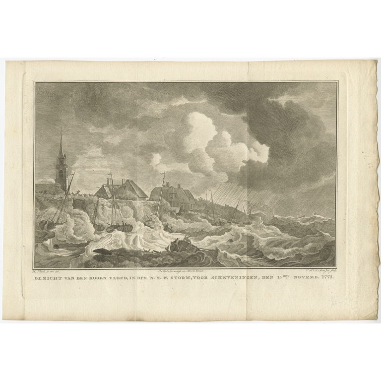 Gezicht van den hogen vloed, in den N.N.W. Storm, voor Scheveningen (..) - Fokke (1778)