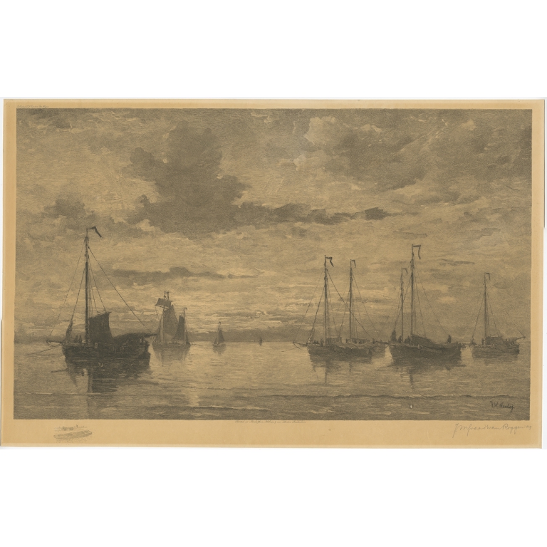 Steel engraving Ships on Sea - after Mesdag (c.1900)
