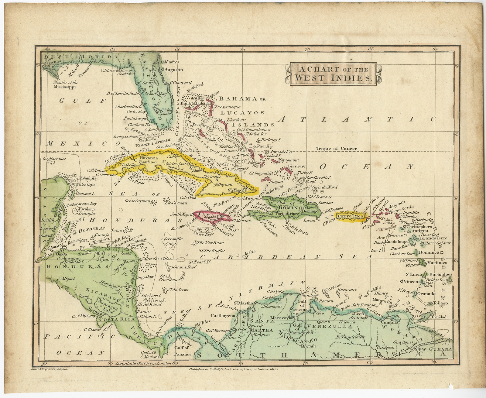 Antique Map Of The West Indies By Russell 1814 