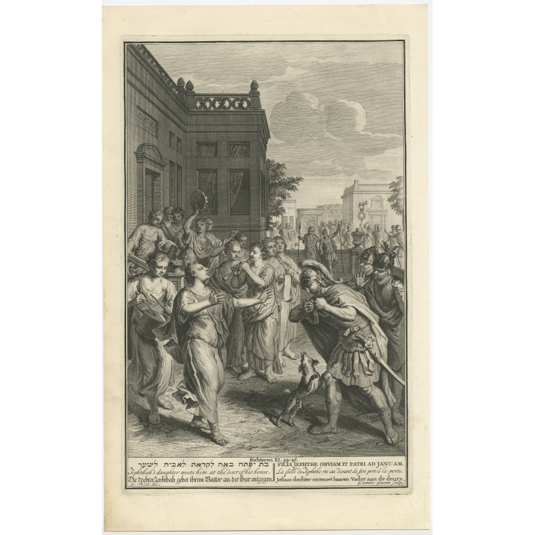 Jephthah's daughter meets him at the door of his house - De Hondt (1728)