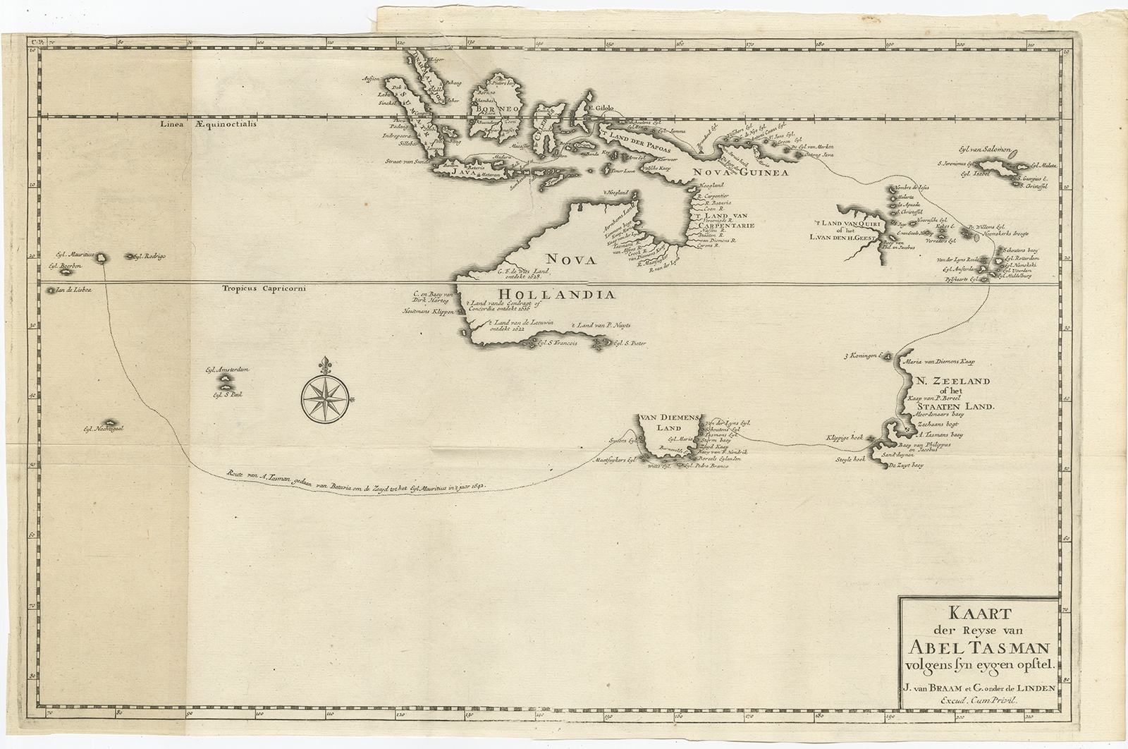 Antique Map Of The Route Of Abel Tasman's Voyage By Valentijn (1726) 