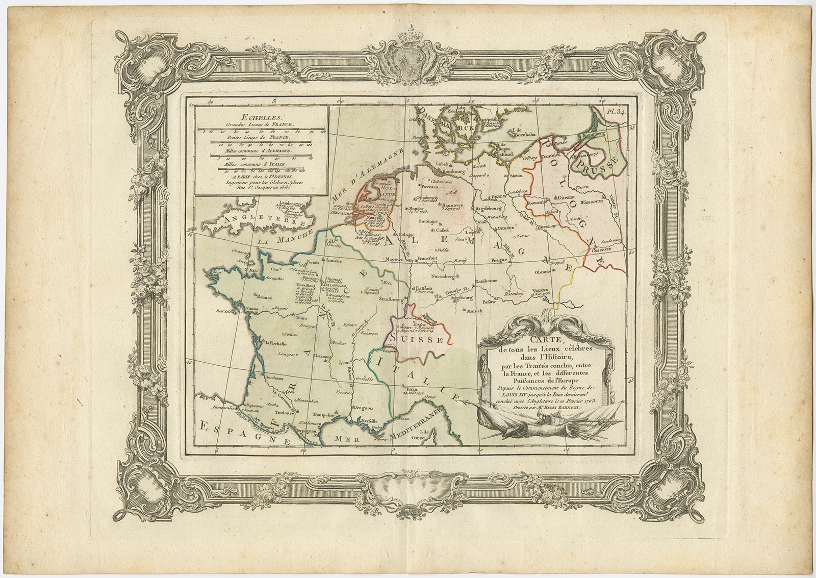 Antique Map of France and Western Europe by Zannoni (1765)