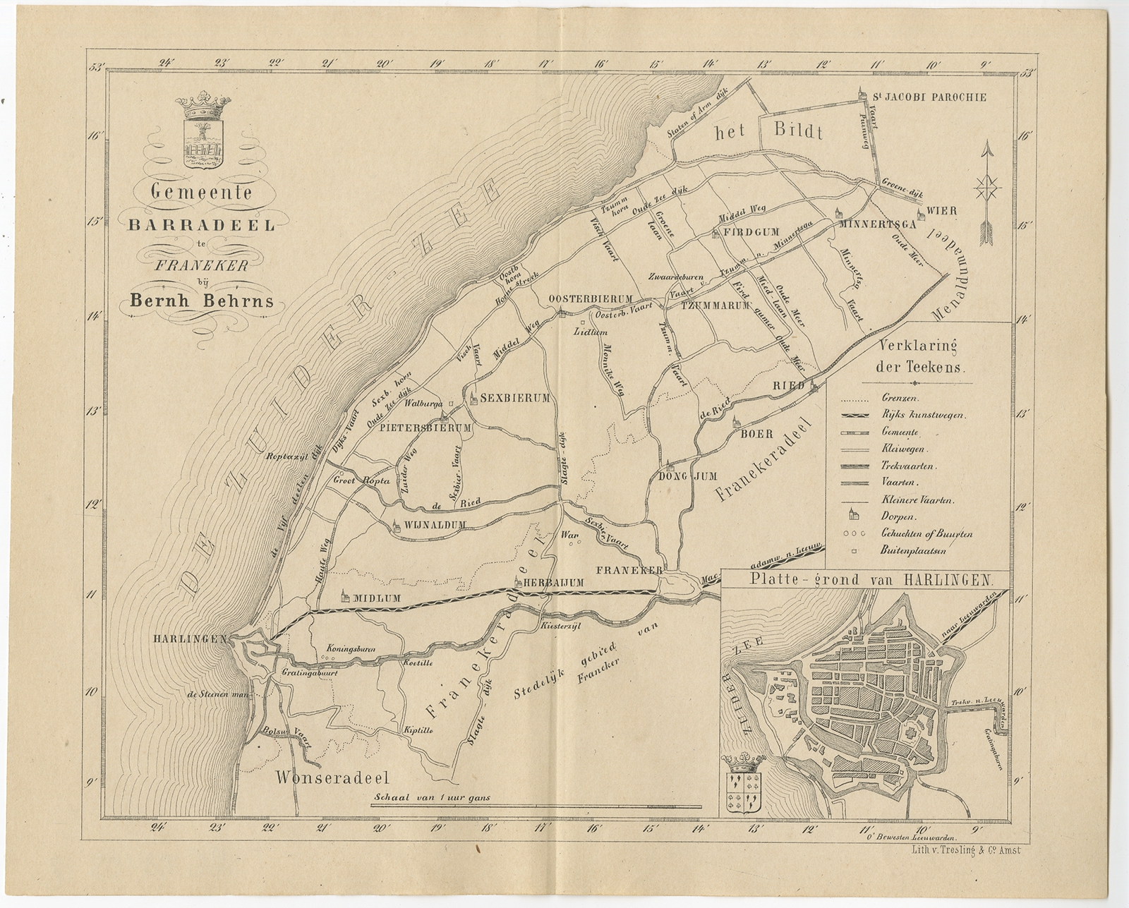 Antique Map of the Barradeel township by Behrns (1861)