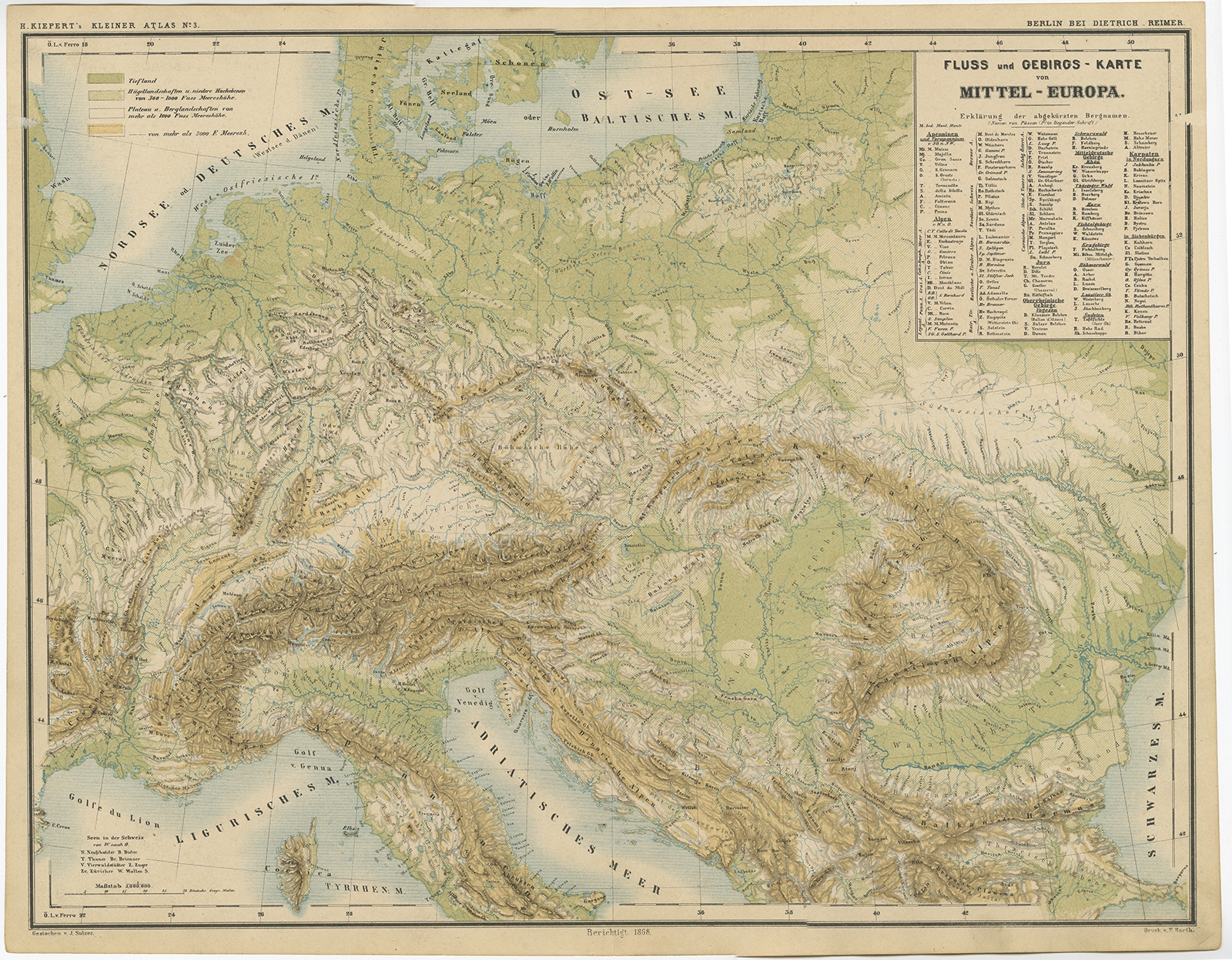 Antique Map Of The Rivers And Mountains Of Europe By Kiepert C1870