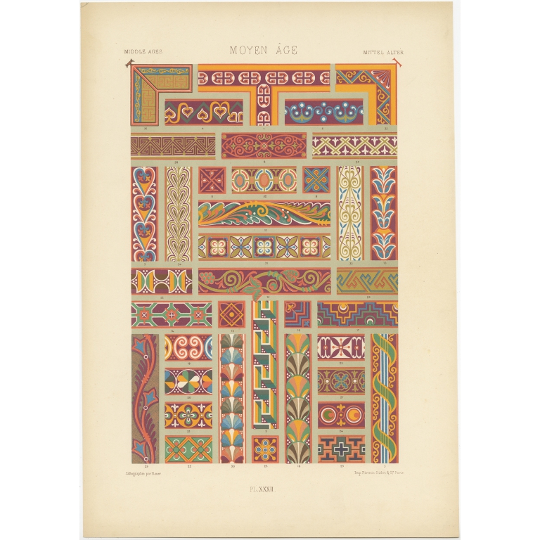 Pl. 32 Antique Print of decorative art in the Middle Ages by Rachinet (1869)