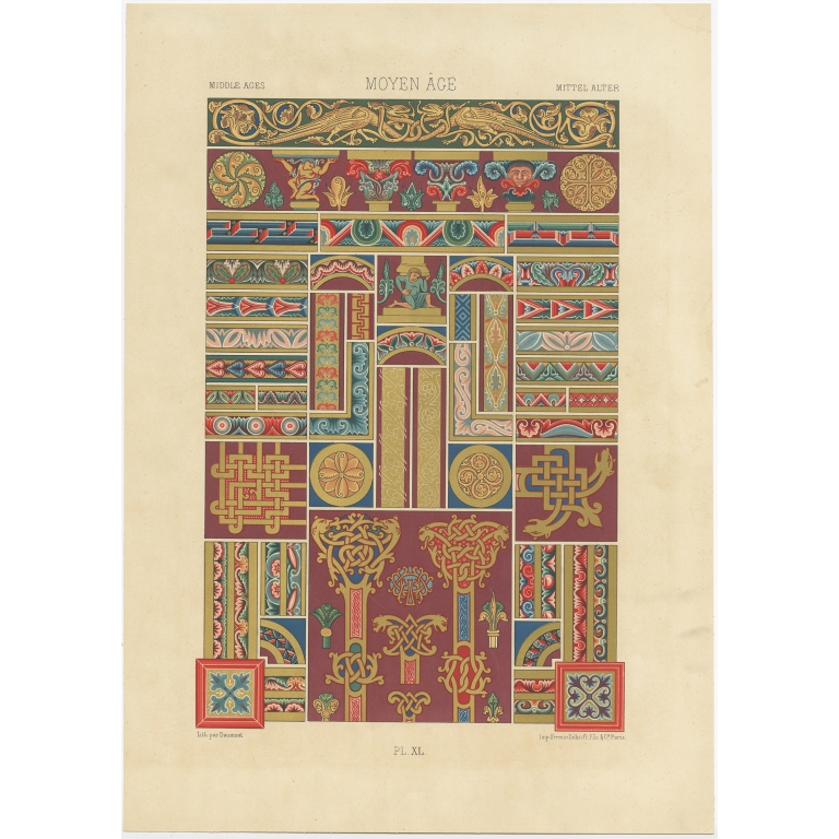 Pl. 40 Antique Print of decorative art in the Middle Ages by Rachinet (1869)