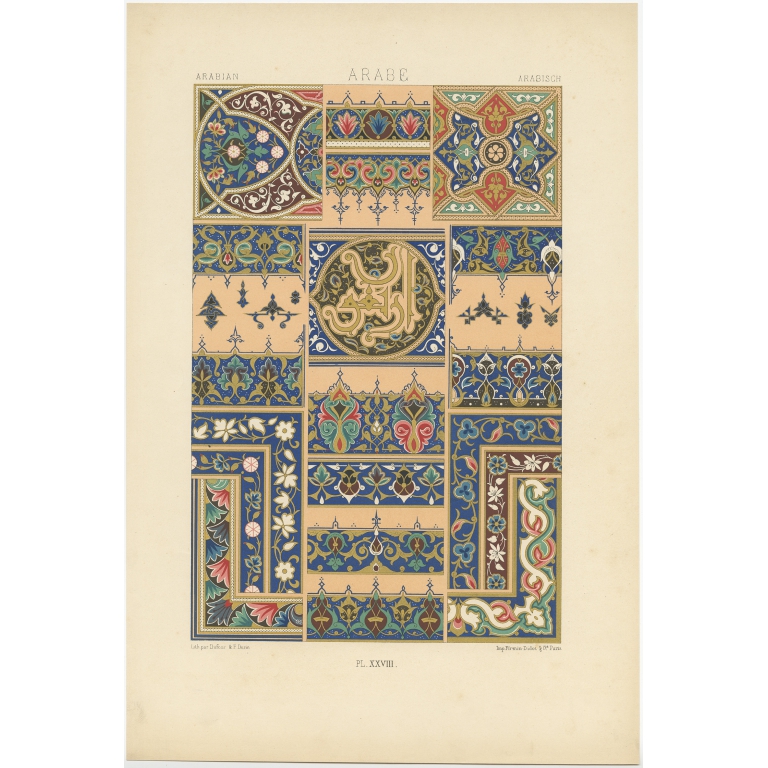 Pl. 28 Antique Print of Arabian decorative art by Rachinet (1869)