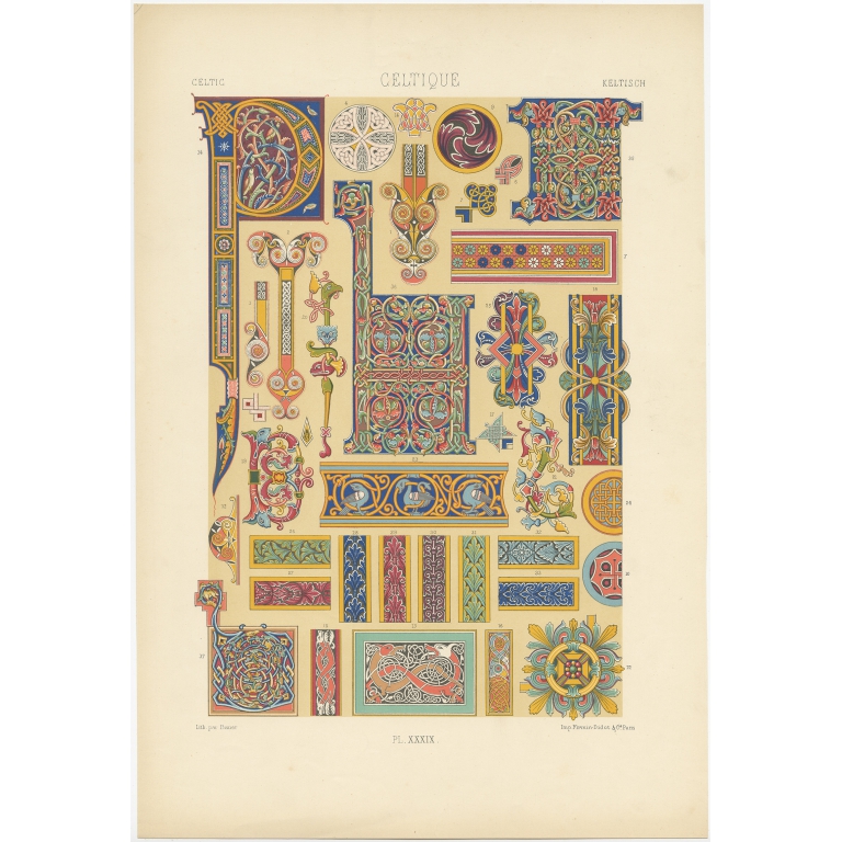 Pl. 39 Antique Print of Celtic decorative art by Rachinet (1869)