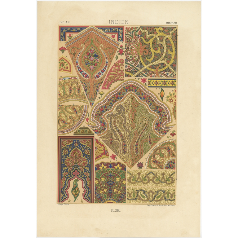 Pl. 19 Antique Print of Indian decorative art by Rachinet (1869)