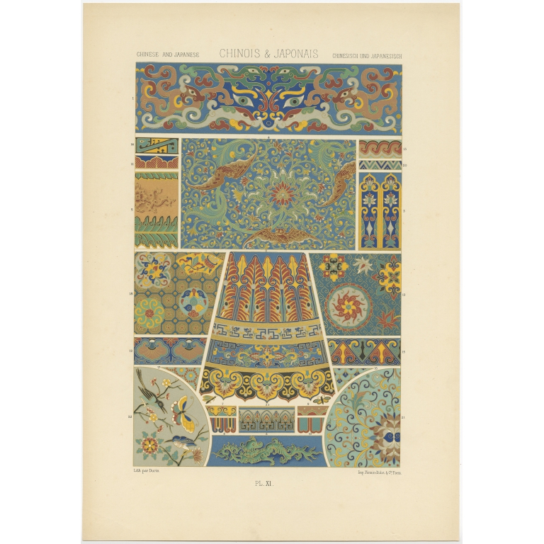 Pl. 11 Antique Print of Japanese and Chinese decorative art by Rachinet (1869)