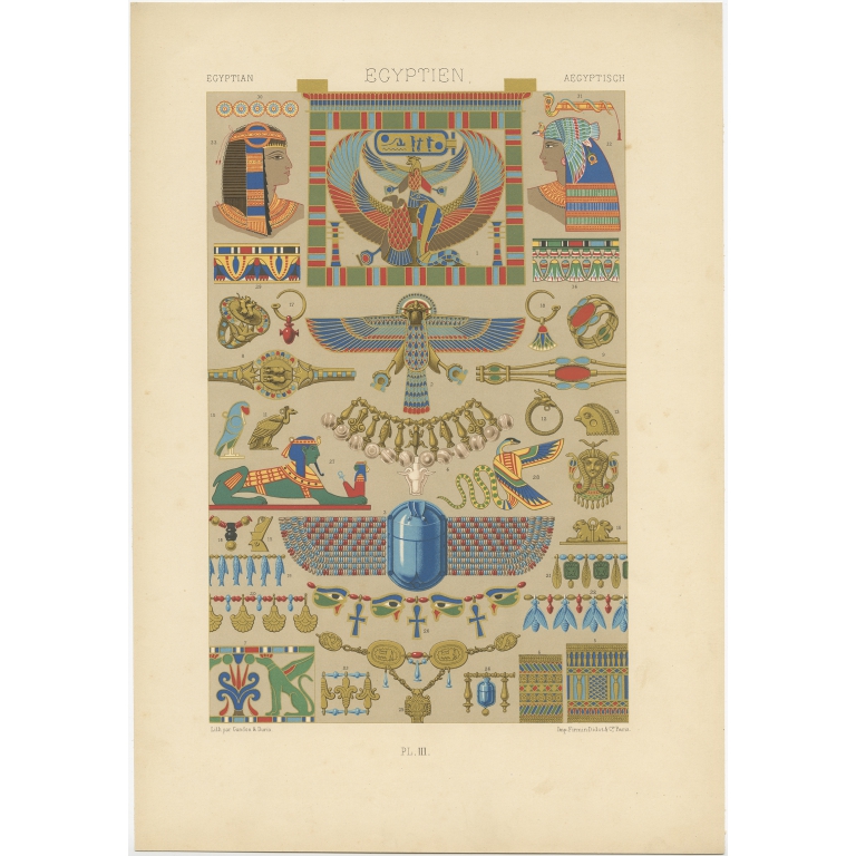 Pl. 3 Antique Print of Egyptian decorative art by Rachinet (1869)