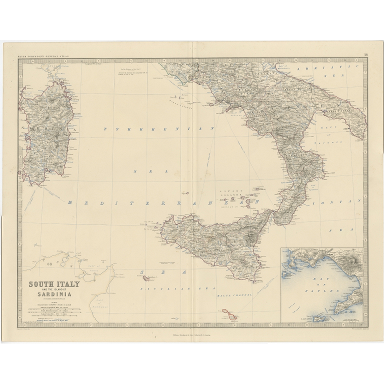 Antique Map of Southern Italy and Corsica by Johnston (c.1860)