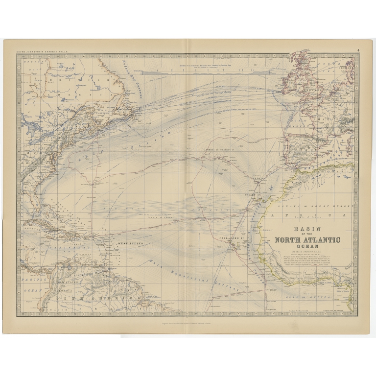 Antique Map of the Basin of the North Atlantic Ocean by Johnston (1882)