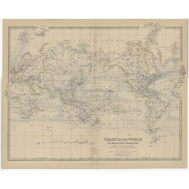 Antique World Map on Mercators Projection by by Johnston (1882)