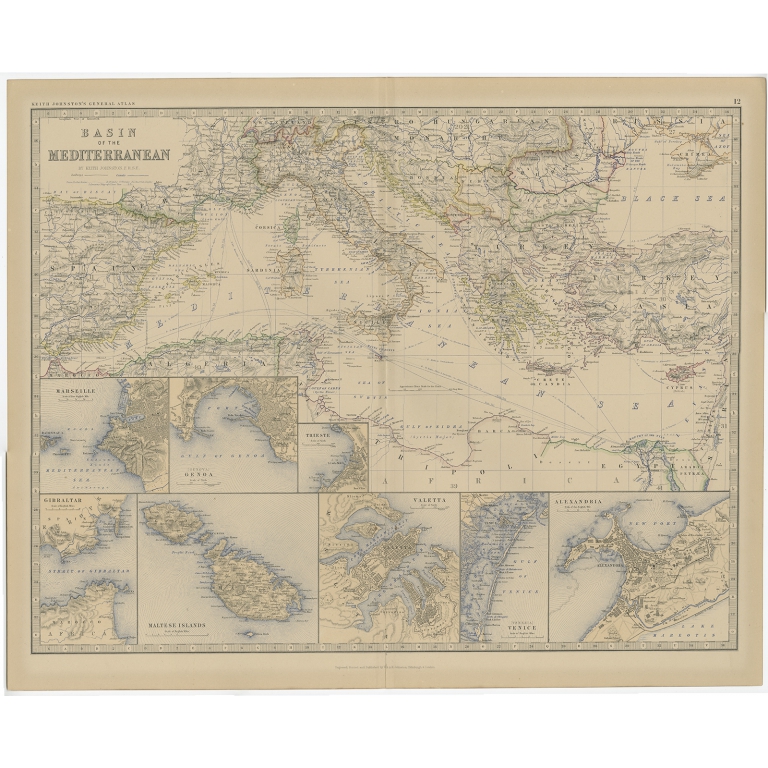 Antique Map of the region around the Mediterranean Sea by Johnston (1882)