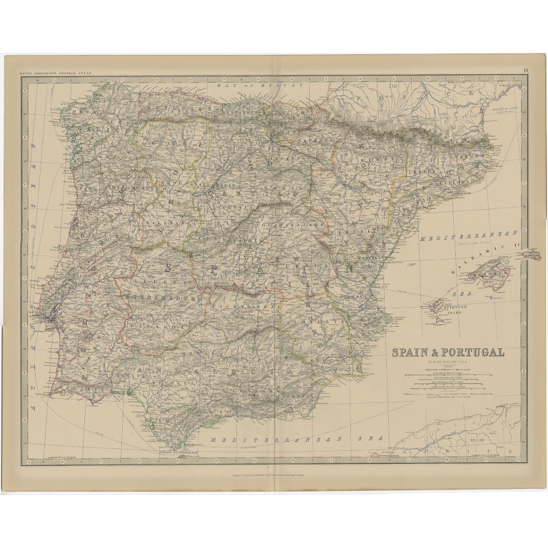 Antique Map of Spain and Portugal by Johnston (1882)