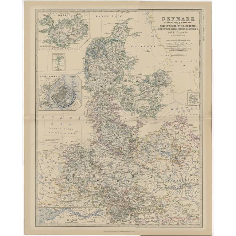 Antique Map of Denmark by Johnston (1882)