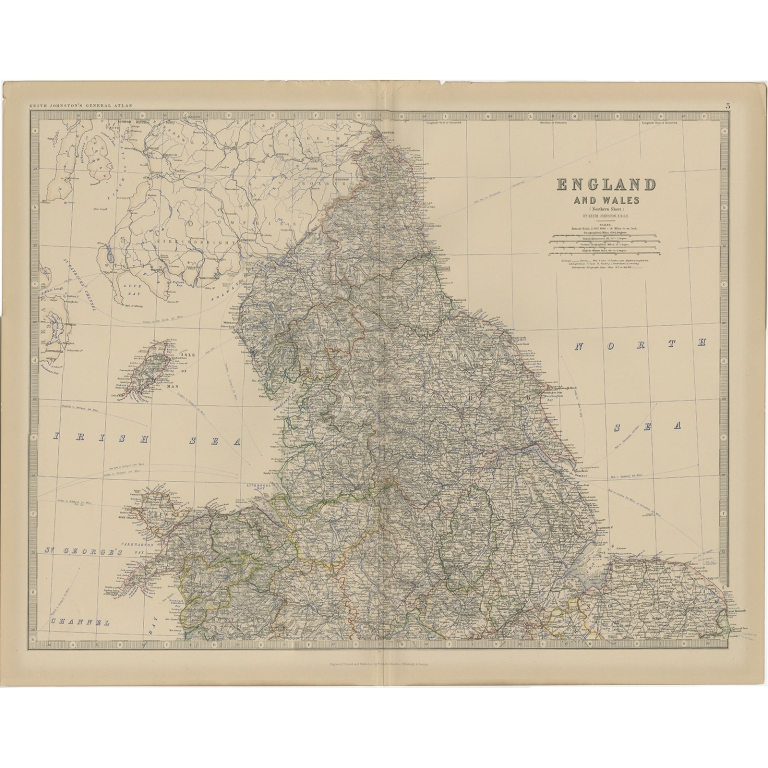 Antique Map of (northern) England and Wales by Johnston (1882)