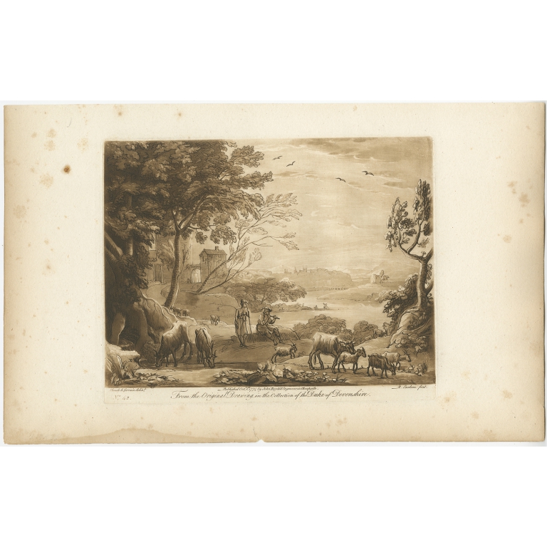 Pl. 42 Antique Print of a Landscape with Cattle by Earlom (1774)