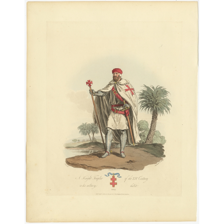 Antique Print of a Knight Templar by Atkinson (1812)